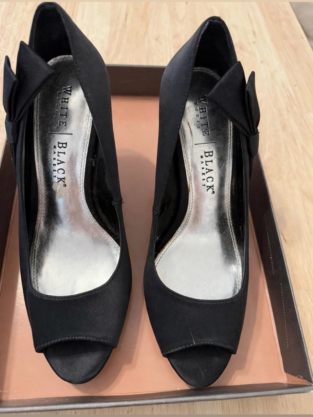 White House Black Market Black Satin Bow Peep-Toe Heels